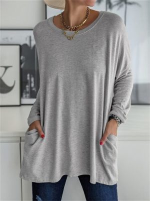 Women's Spring and Summer Solid Color New American Round Neck Long Sleeve Loose Pocket Solid Color T-shirt Casual Women's S,M,L,XL,XXL,3XL,4XL,5XL