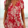Casual Style Women's Summer Loose V-neck Button Collar Pullover Daily Models Short-sleeved Button Plant Floral Print T-shirt